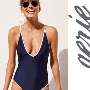 Aerie Deep V Swimsuit - navy with white piping